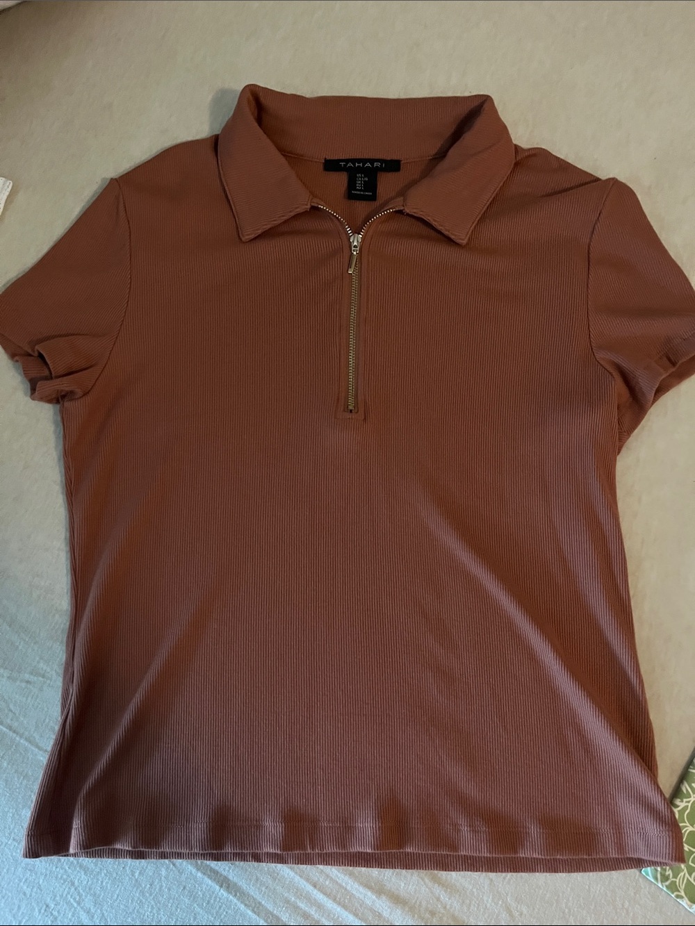 Tahari Short-Sleeve Ribbed Zip Polo in Rust